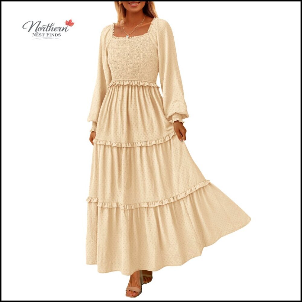 Long Sleeve Smocked Square Neck Swiss Dot Tiered Maxi Dress with Pockets